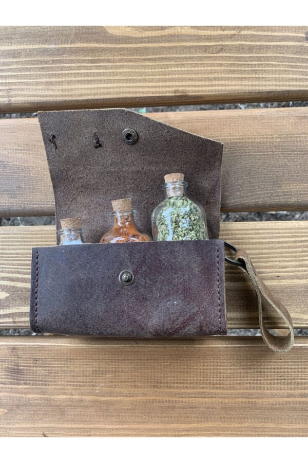 Kamp Baharatlığı 3'lü Set, Bushcraft, Hakiki Deri Baharatlık Cam Şişe - Görsel 5